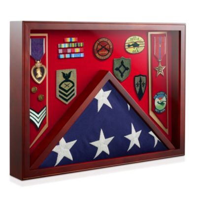 Reminded Military Shadow Box Display Case for Medals & Burial Flag - Solid Wood Cabinet with Velvet Insert
