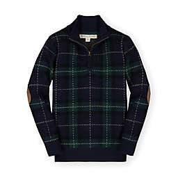 Hope & Henry Boys' Long Sleeve Half Zip Pullover Sweater, Navy Tartan with Elbow Patches, 12-18 Months