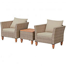 Costway 3 Pcs Outdoor Patio Rattan Furniture Set Wooden Table Top Cushioned Sofa