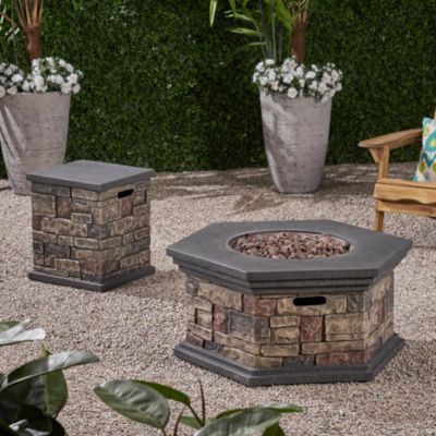 Contemporary Home Living 37" Mixed Brown Handcrafted Hexagon Outdoor Patio Fire Pit with Tank Holder