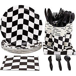 Juvale Racecar Dinnerware Set for Kid's Birthday Party, Checkered Design (Serves 24, 144 Pieces)