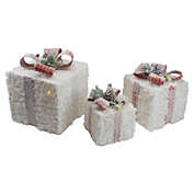 Northlight Set of 3 LED Frosted Rattan Christmas Gift Boxes with Pinecones - 10"