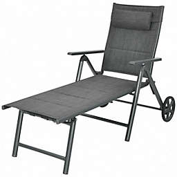 Costway Patio Reclining Chaise Lounge with Adjust Neck Pillow-Gray