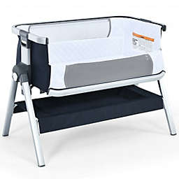 Costway Baby Bassinet Bedside Sleeper with Storage Basket and Wheel for Newborn-Navy