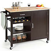 Gymax 4-Tier Wood Kitchen Island Trolley Cart Storage Cabinet w/ Wine Rack & Drawer