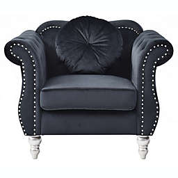 Passion Furniture Hollywood Chesterfield Tufted Velvet Accent Chair with Round Throw Pillow - Black