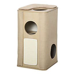 PawHut Wooden Cat Condo 3 Story Barrel Tower w/ Perch Removable Cover Cushions Sisal Scratching Carpet, Brown
