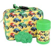 Bentology Kids Lunch Bag Set (Truck) w Reusable Hard Ice Pack & Double-Insulated Food Jar for Drinks or Soups - Perfect Lunchbox Kits for Boys and Girls Back to School, Keeps Food Hot or Cold for Longer