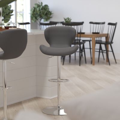 Merrick Lane Quincy Adjustable Height Barstool Contemporary Gray Vinyl Bar Height Stool with Curved Back and Chrome Base with Footrest