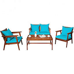 Costway 4 Pieces Acacia Wood Patio Rattan Furniture Set-Turquoise