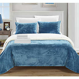 Chic Home Bjurman 7 Pieces Blanket Set Soft Sherpa Lined Microplush Faux Mink With Shams & Sheet Set - King 104x90, Blue