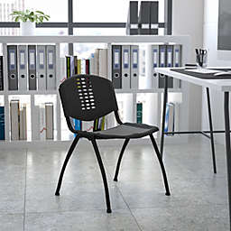 Emma + Oliver Black Plastic Office Side Stack Chair with Oval Cutout Back