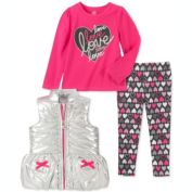 Kids Headquarters Toddler Girl&#39;s 3 Pc Metallic Vest Love Top & Printed Leggings Set Pink Size 2T