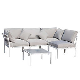 Outsunny 4 Piece Outdoor Furniture Patio Conversation Seating Set with a Loveseat, 2 Sofa Chairs, & Coffee Table, White