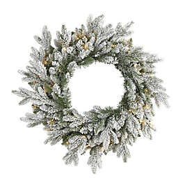Nearly Natural Pre-Lit Flocked Artificial Christmas Wreath, 24-Inch, Clear LED Lights
