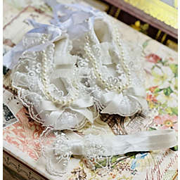 Laurenza's Baby Girls Lace Baptism Christening Shoes with Pearl Accents
