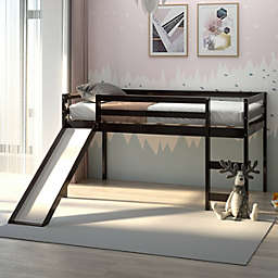 Gymax Twin Size Loft Bed with Slide Wood Low Sturdy Loft Bed for Kids Bedroom Espresso
