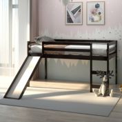 Gymax Twin Size Loft Bed with Slide Wood Low Sturdy Loft Bed for Kids Bedroom Espresso