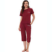 cheibear Women&#39;s Soft Sleepwear Pajama Set Round Neck Nightwear Lounge Pjs with Capri Pants, Large Red