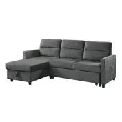 Saltoro Sherpi Ami 82 Inch Reversible Sleeper Sectional Sofa, Side Pocket, Gray Velvet-