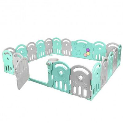 Costway 20-Panel Playpen with Music Box and Basketball Hoop-Light Green