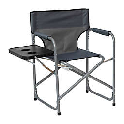 Emma and Oliver Gray Canvas Folding Director's Chair with Black Accent Trim, Gray Steel Tube Frame-Integrated Folding Side Table with Cupholders