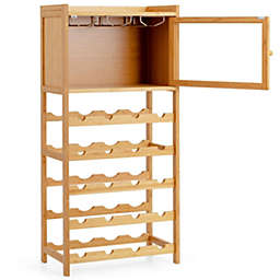 Slickblue 20-Bottle Freestanding Bamboo Wine Rack Cabinet with Display Shelf and Glass Hanger-Natural