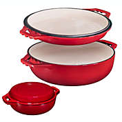 Bruntmor 2In1 Enameled Cast Iron Cocotte Double Braiser Pan With Grill Lid 3.3 Quarts - Barbecue