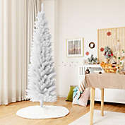 Gymax 5/6/7 FT Artificial Pencil White Christmas Tree Leafy Unlit Slim Xmas Tree