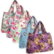 Wrapables Large Foldable Tote Nylon Reusable Grocery Bags, 5 Pack, Pink & Purple Bouquet