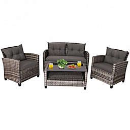 Costway-CA 4 Pieces Patio Rattan Furniture Set Coffee Table Cushioned Sofa