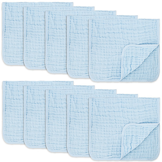 Alternate image 1 for Muslin Burp Cloths 10 Pack Large 100% Cotton Hand Washcloths 6 Layers Extra Absorbent and Soft by Comfy Cubs (Blue, Pack of 10)