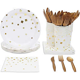 Blue Panda Gold Foil and White Party Pack (24 Guests) Plates, Napkins, Cups, Forks, Spoons, Knives