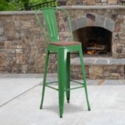 Flash Furniture 30" High Green Metal Barstool with Back and Wood Seat