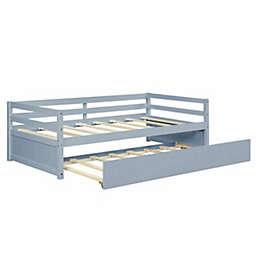 Slickblue Twin Size Trundle Platform Bed Frame with  Wooden Slat Support-Gray