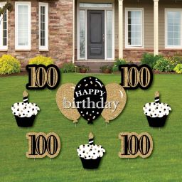 Big Dot of Happiness Adult 100th Birthday - Gold - Yard Sign and Outdoor Lawn Decorations - Happy Birthday Party Yard Signs - Set of 8