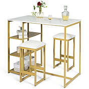 Costway-CA 3 pcs Dining Set with Faux Marble Top Table and 2 Stools-Golden