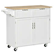 HOMCOM 41" Modern Rolling Kitchen Island on Wheels, Utility Cart Storage Trolley with Rubberwood Top & Drawers, White