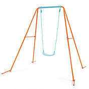 Costway-CA Outdoor Kids Swing Set with Heavy Duty Metal A-Frame and Ground Stakes-Orange