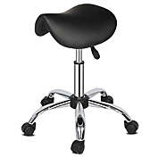 Infinity Merch 300lbs Semi-PU Leather Saddle Stool with Wheels in Black