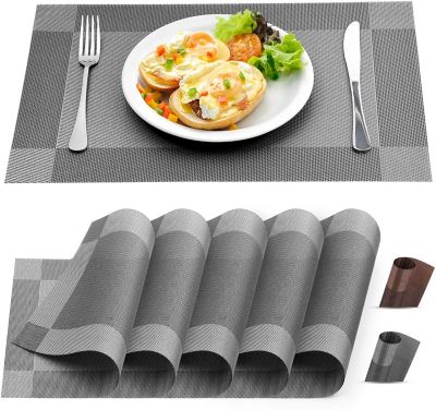 Zulay Kitchen Vinyl Woven Placemats for Dining Table Set of 6 - Silver