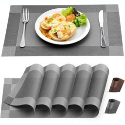 Zulay Kitchen Vinyl Woven Placemats for Dining Table Set of 6 - Silver