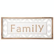 Urban Trends Collection Wood Rectangle Wall Art with Carved Writing "Family" and Side Cutout Shapes Design Painted Finish White