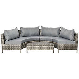 Outsunny 5PC Outdoor Patio Furniture Set Garden Sectional Rattan Wicker Sofa Set Cushioned Half-Moon Seat Deck w/ Pillow Grey