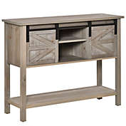 Farmhouse Style Console Table with Sliding Barn Doors and 4 Open Storage Compartments and Elevated Base, Grey
