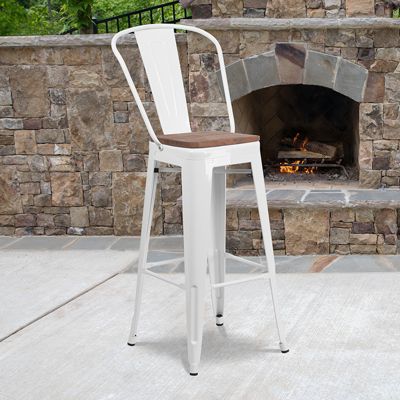 Flash Furniture 30" High White Metal Barstool with Back and Wood Seat