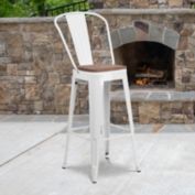 Flash Furniture 30" High White Metal Barstool with Back and Wood Seat