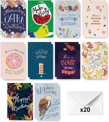 Rileys & Co Hand Drawn Birthday Cards Assortment, 20-Count