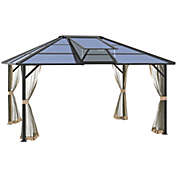 Outsunny 14&#39; x 12&#39; Hardtop Polycarbonate Gazebo Canopy Aluminum Frame Pergola with Top Vent and Netting for Garden, Patio, Grey