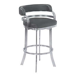Armen Living Prinz 26 Counter Height Metal Swivel Barstool in Gray Faux Leather with Brushed Stainless Steel Finish